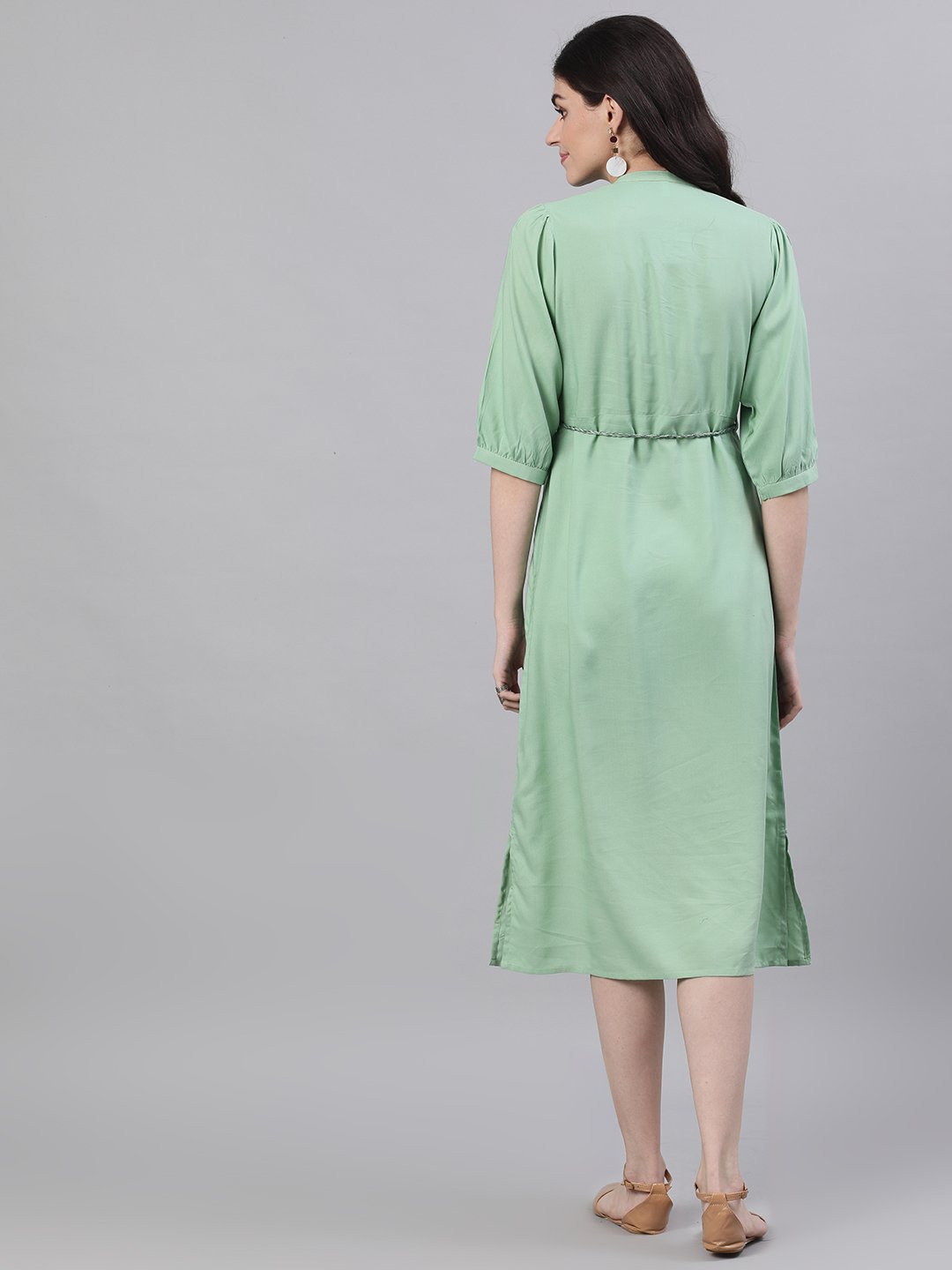 Women's Pastel Green Solid Solid Mandarin Collar Viscose Rayon Maxi Dress - Nayo Clothing