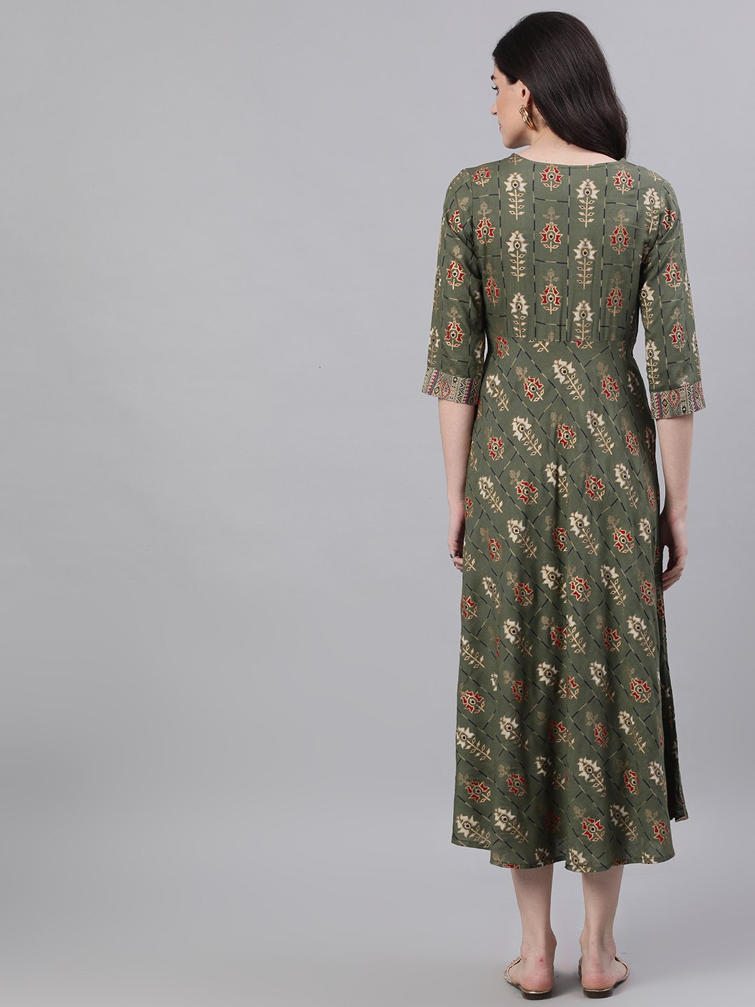 Women's Green Geometric Printed Round Neck Cotton Maxi Dress - Nayo Clothing