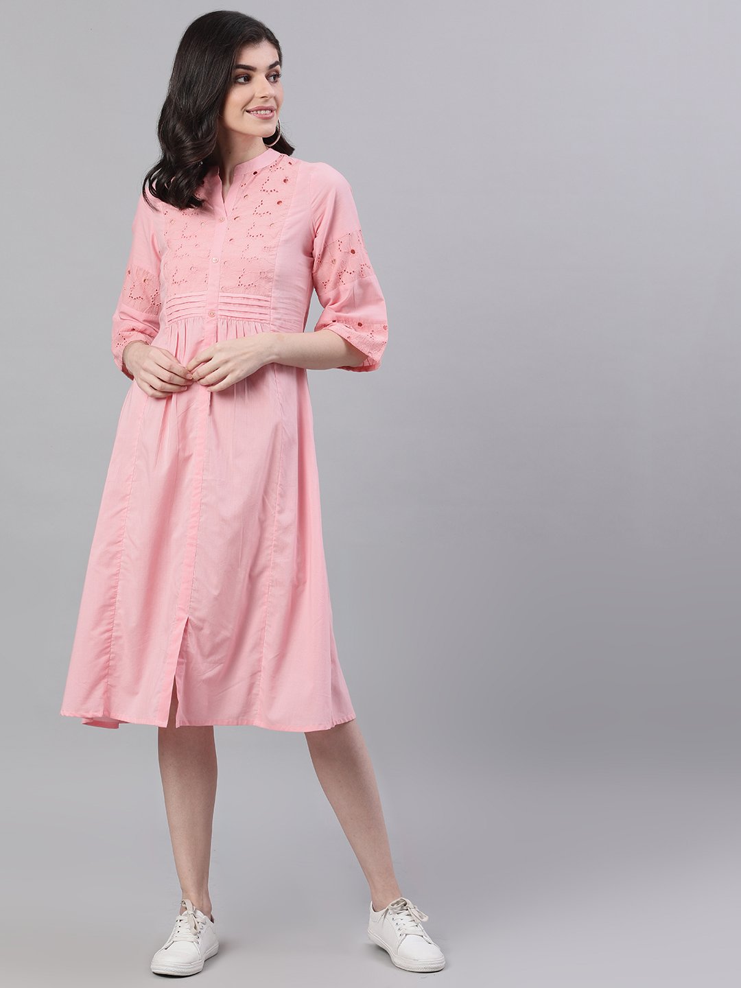 Women's Pink Solid Solid Mandarin Collar Cotton Maxi Dress - Nayo Clothing