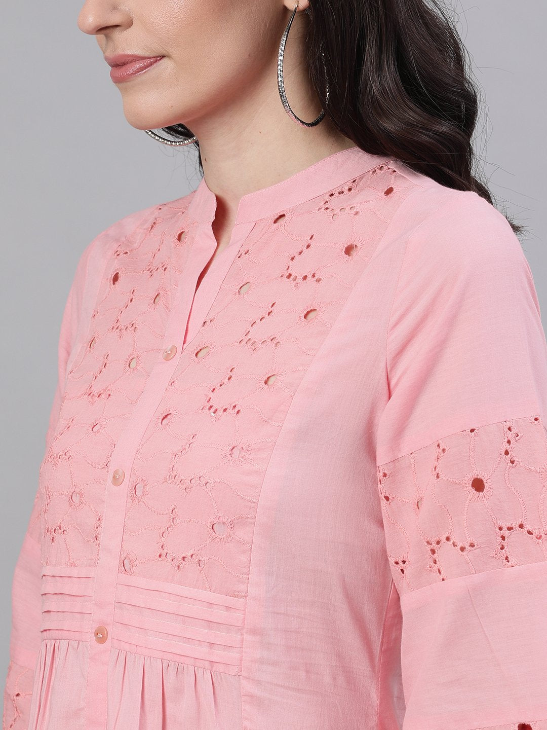Women's Pink Solid Solid Mandarin Collar Cotton Maxi Dress - Nayo Clothing