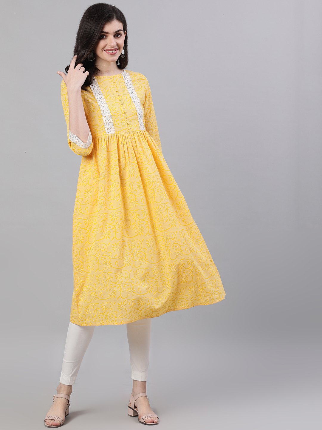 Women's Yellow Front Yoke Lace Detail Printed Dress - Nayo Clothing