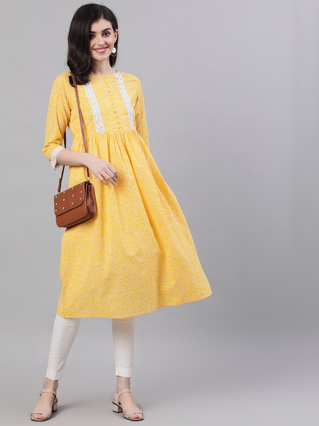 Women's Yellow Front Yoke Lace Detail Printed Dress - Nayo Clothing