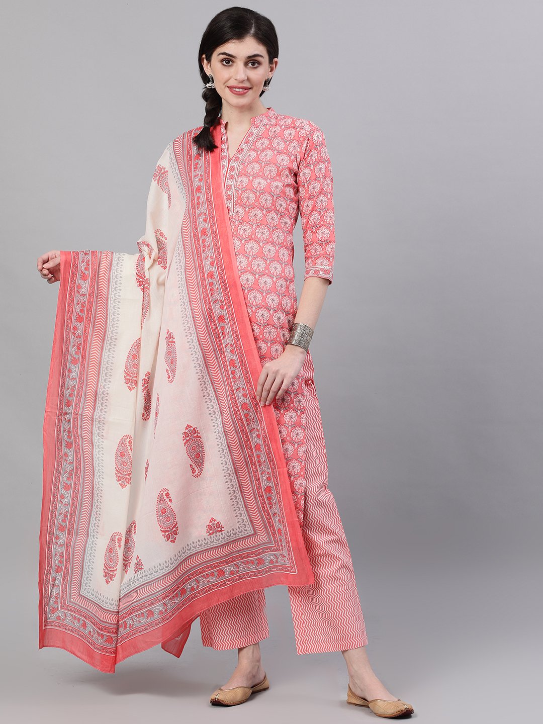 Women's Pink Three-Quarter Sleeves Straight Kurta Palazzo With Dupatta - Nayo Clothing