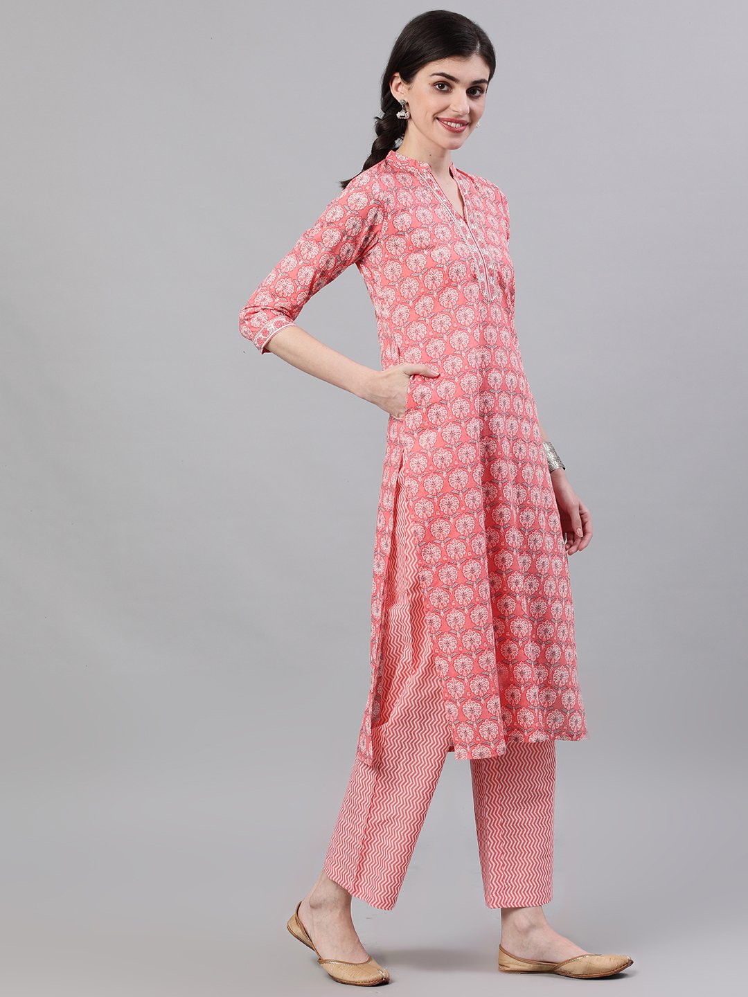 Women's Pink Three-Quarter Sleeves Straight Kurta Palazzo With Dupatta - Nayo Clothing