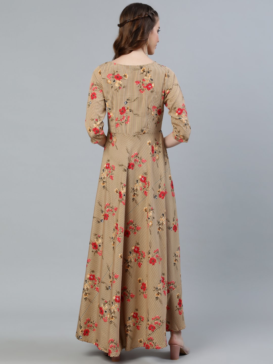 Women's Beige Printed Maxi Dress With Three Quarter Sleeves - Nayo Clothing