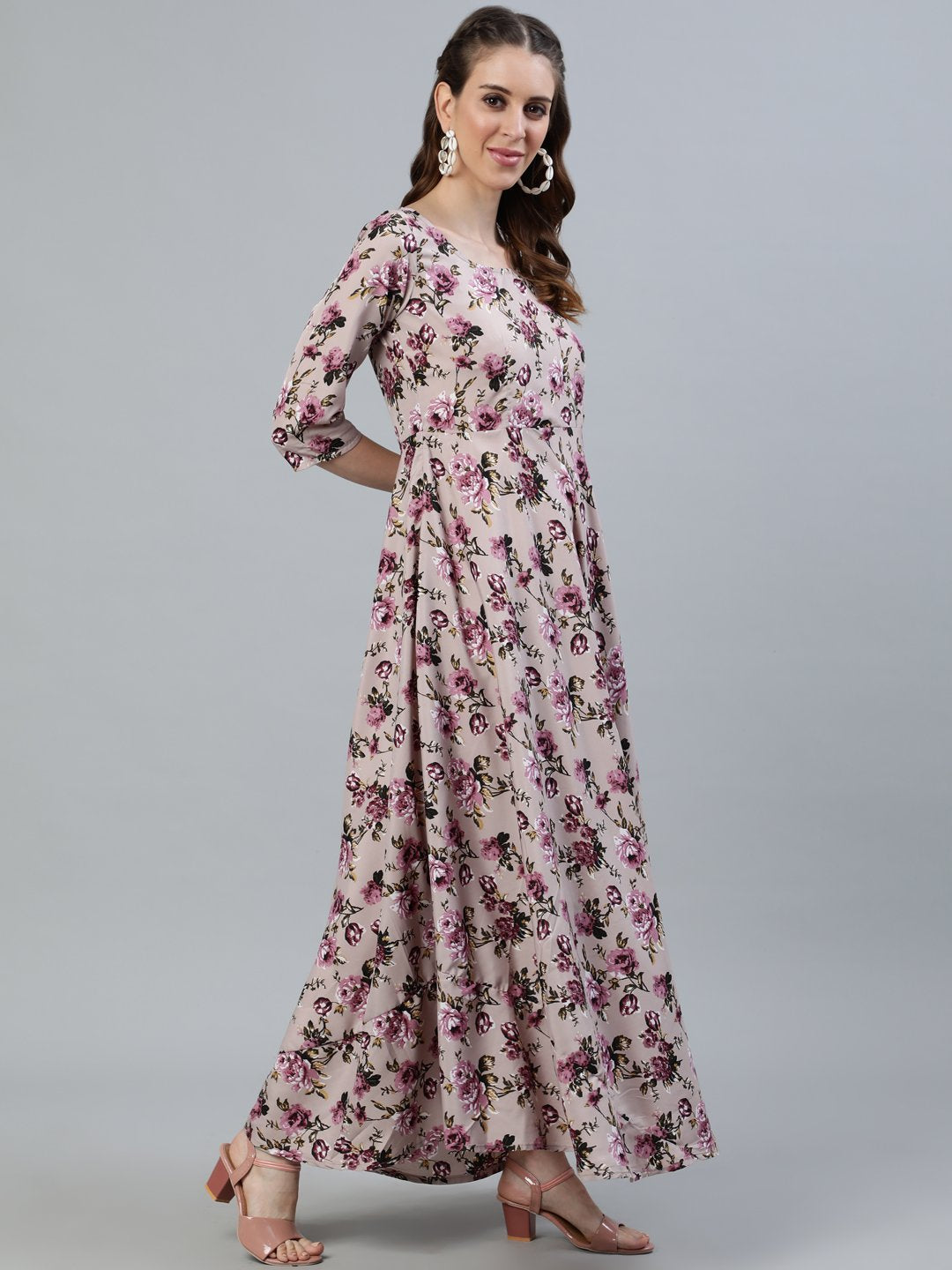 Women's Purple Floral Printed Maxi Dress With Three Quarter Sleeves - Nayo Clothing