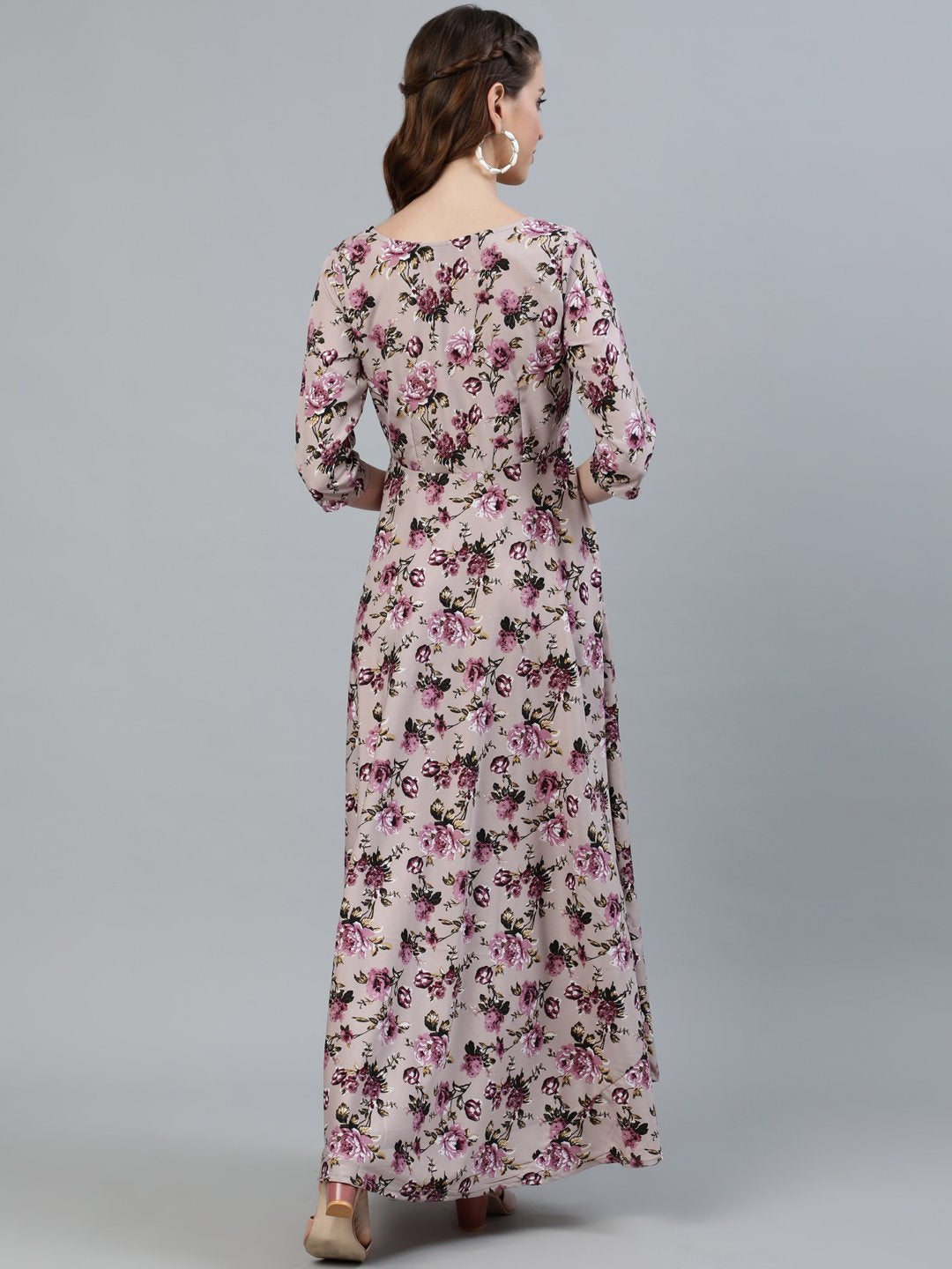Women's Purple Floral Printed Maxi Dress With Three Quarter Sleeves - Nayo Clothing