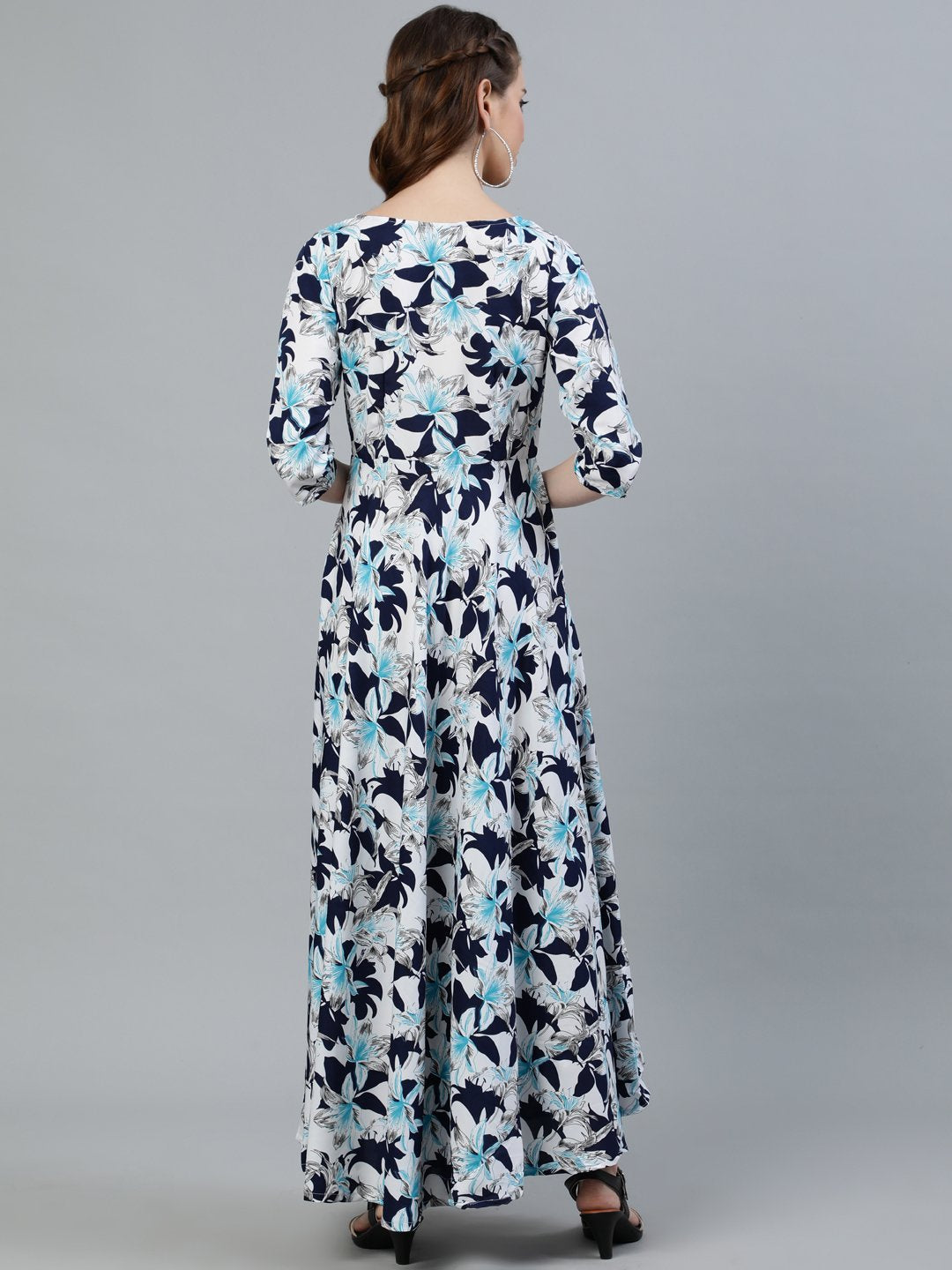 Women's Blue Floral Printed Maxi Dress With Three Quarter Sleeves - Nayo Clothing