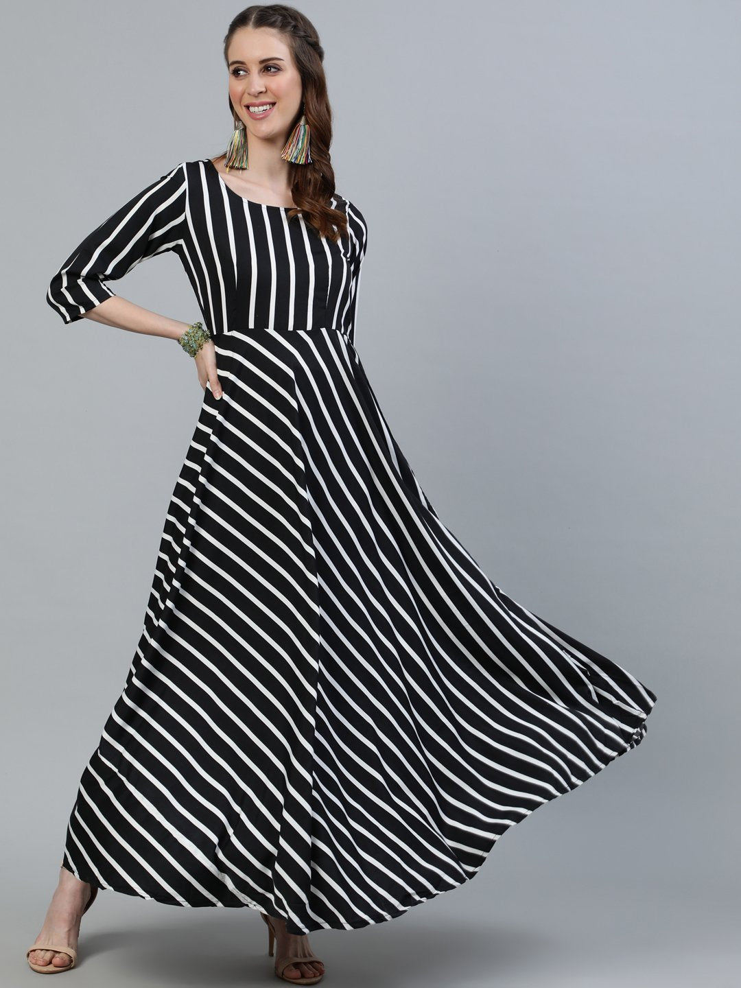 Women's Black Striped Maxi Dress With Three Quarter Sleeves - Nayo Clothing