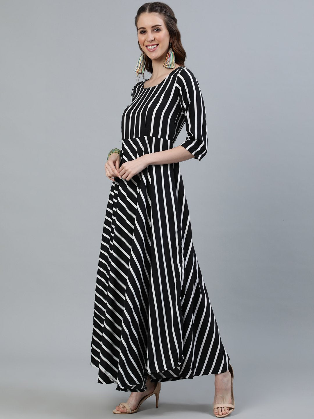 Women's Black Striped Maxi Dress With Three Quarter Sleeves - Nayo Clothing