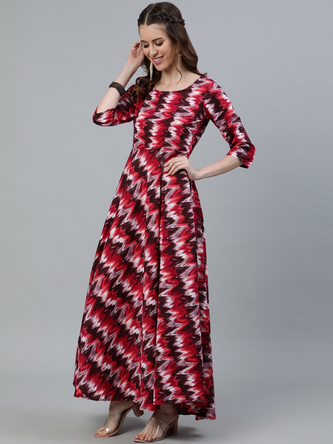 Women's Pink Printed Maxi Dress With Three Quarter Sleeves - Nayo Clothing