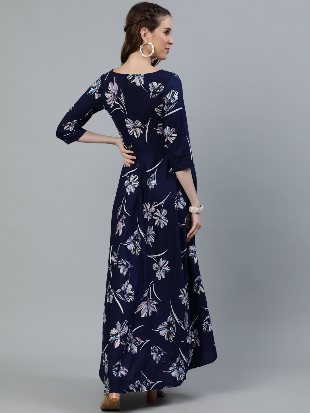 Women's Navy Blue Floral Printed Maxi Dress With Three Quarter Sleeves - Nayo Clothing