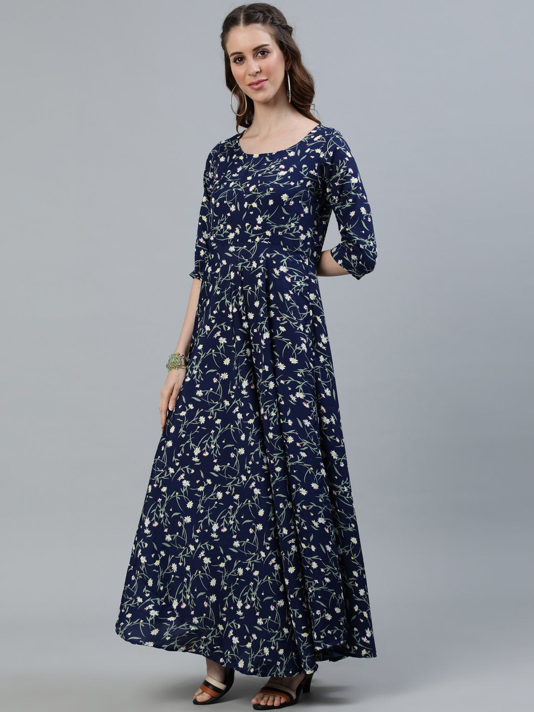 Women's Navy Blue Floral Printed Maxi Dress With Three Quarter Sleeves - Nayo Clothing
