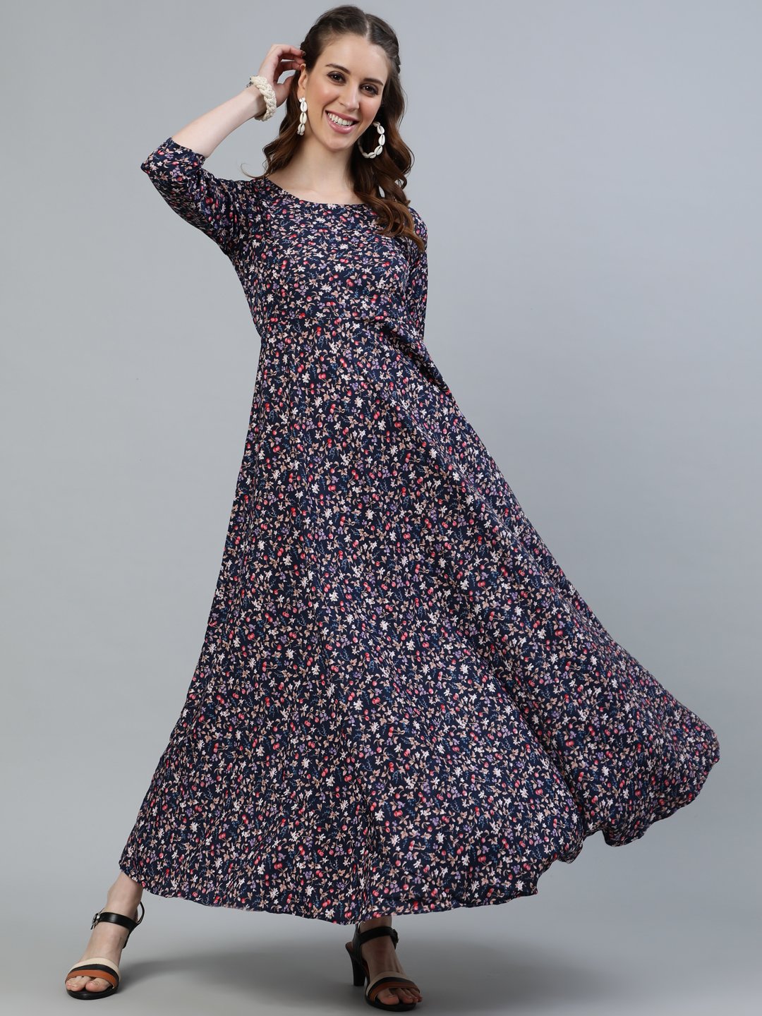 Women's Blue Floral Printed Maxi Dress With Three Quarter Sleeves - Nayo Clothing