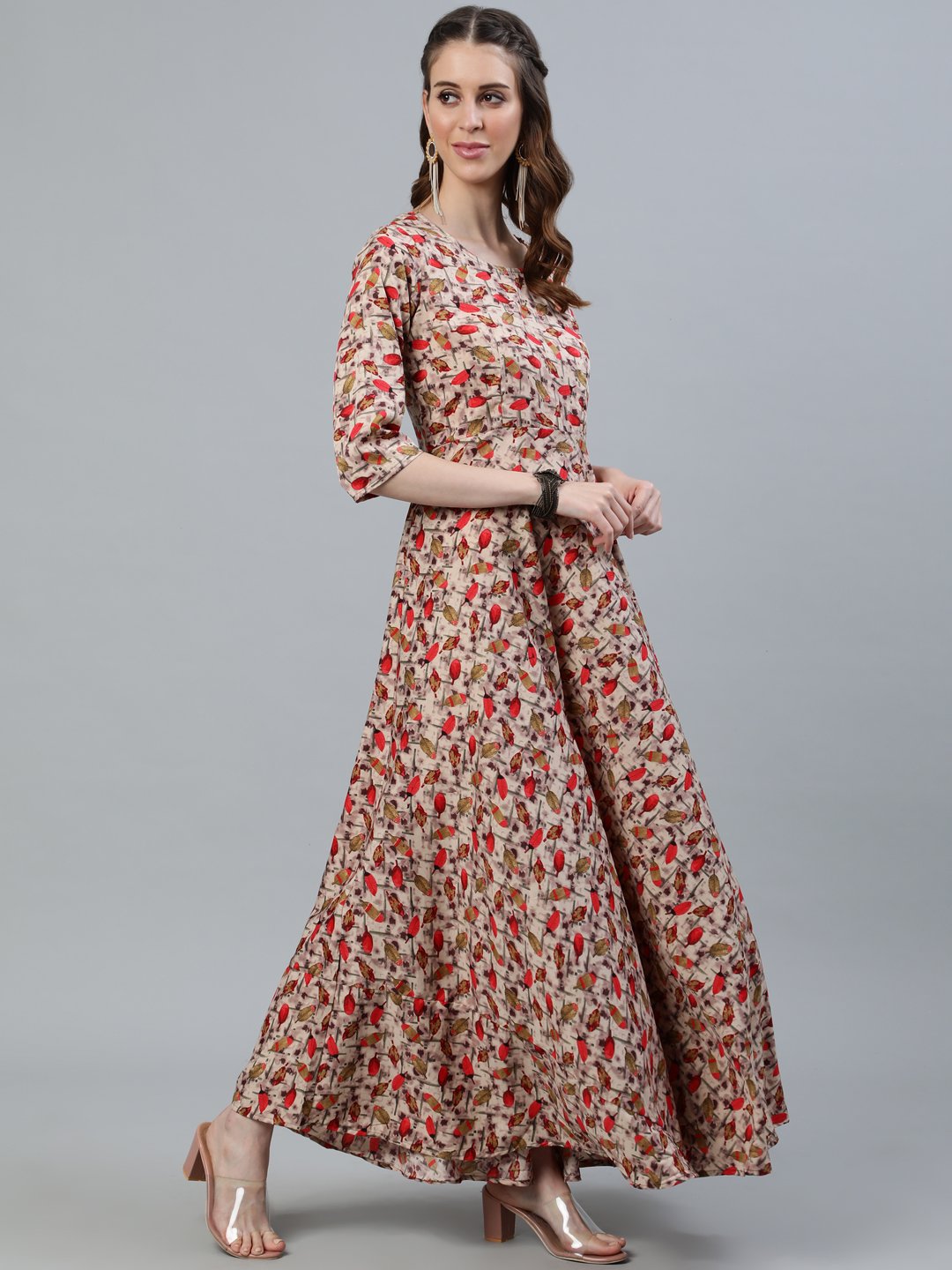 Women's Floral Printed Maxi Dress With Three Quarter Sleeves - Nayo Clothing