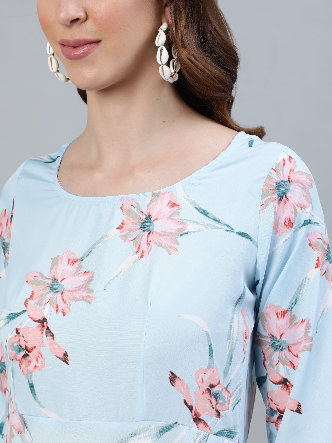 Women's Pastel Blue Floral Printed Maxi Dress With Three Quarter Sleeves - Nayo Clothing