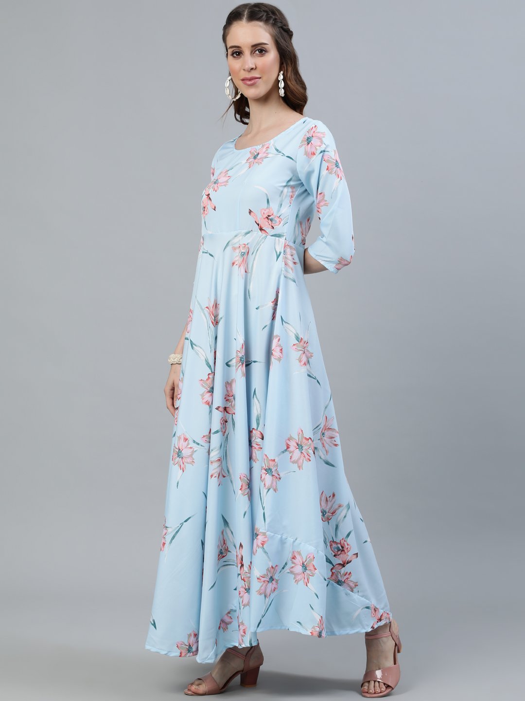 Women's Pastel Blue Floral Printed Maxi Dress With Three Quarter Sleeves - Nayo Clothing