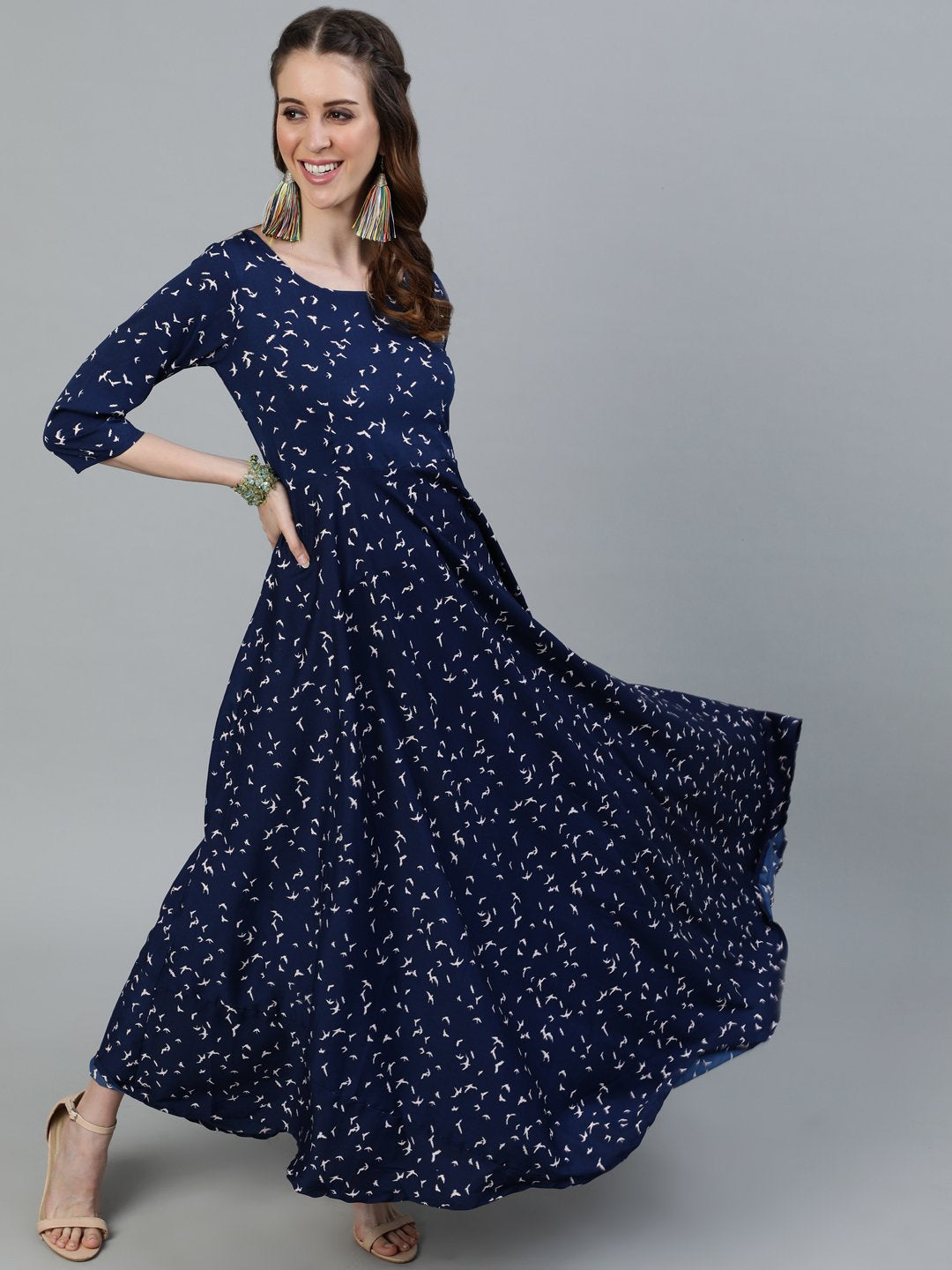 Women's Navy Blue Printed Maxi Dress With Three Quarter Sleeves - Nayo Clothing