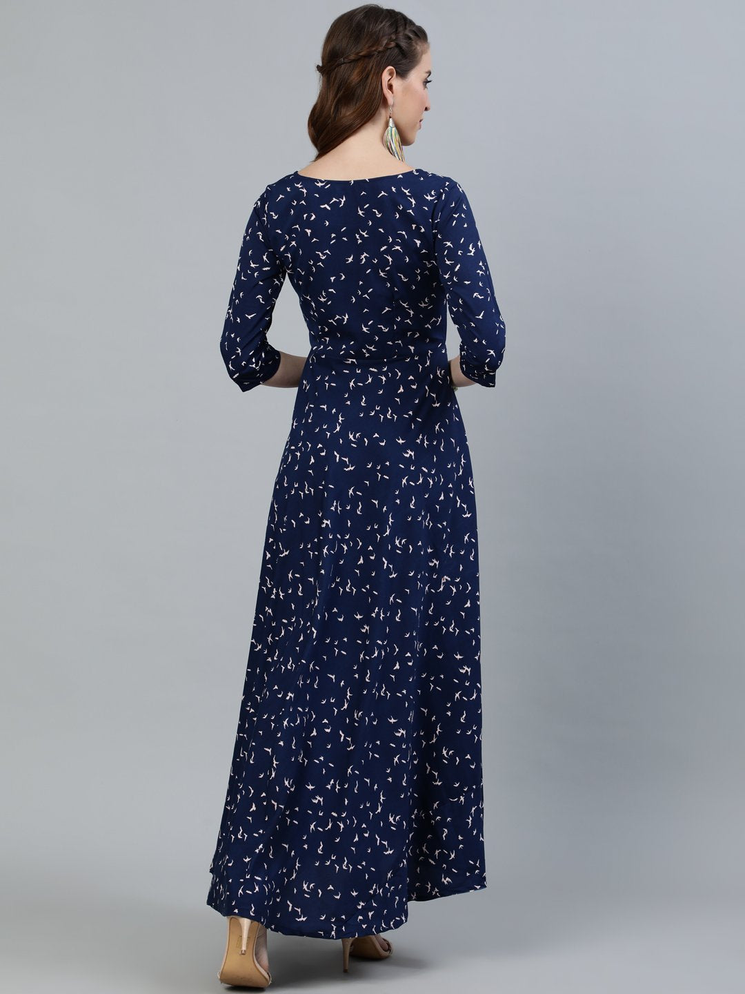 Women's Navy Blue Printed Maxi Dress With Three Quarter Sleeves - Nayo Clothing