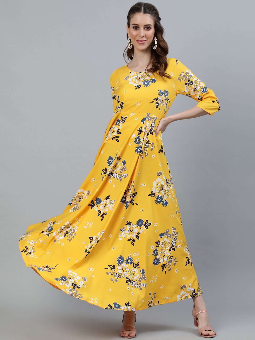 Women's Yellow Printed Maxi Dress With Three Quarter Sleeves - Nayo Clothing