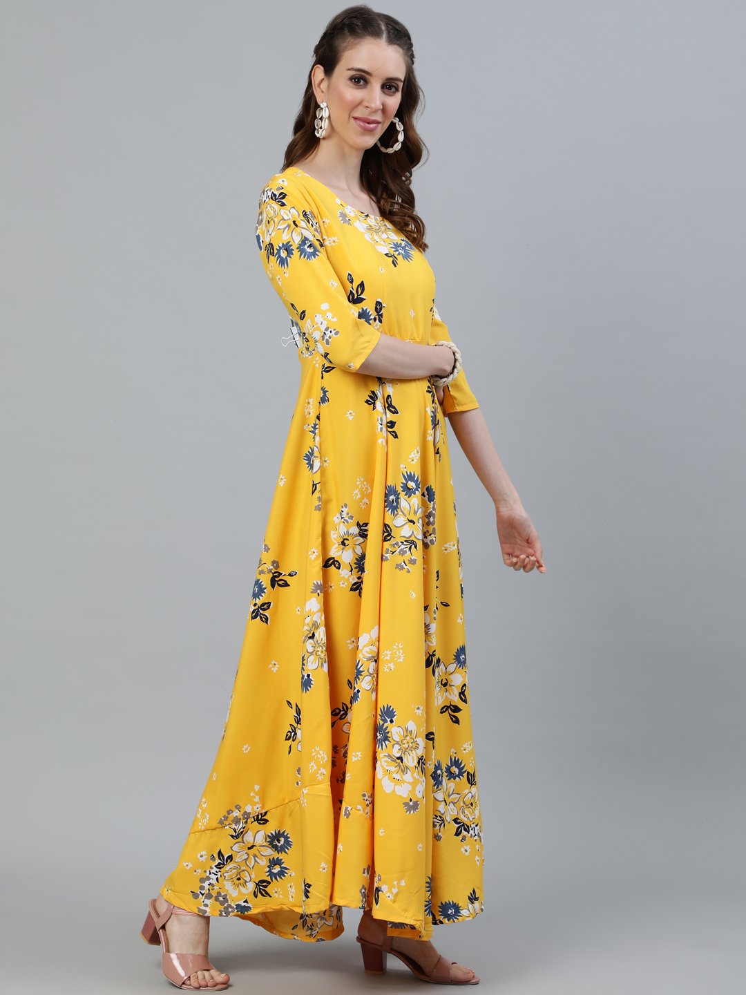 Women's Yellow Printed Maxi Dress With Three Quarter Sleeves - Nayo Clothing