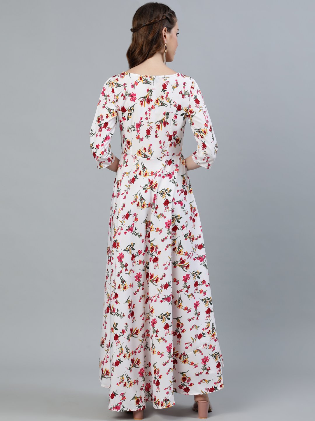 Women's Off-White Floral Printed Maxi Dress With Three Quarter Sleeves - Nayo Clothing