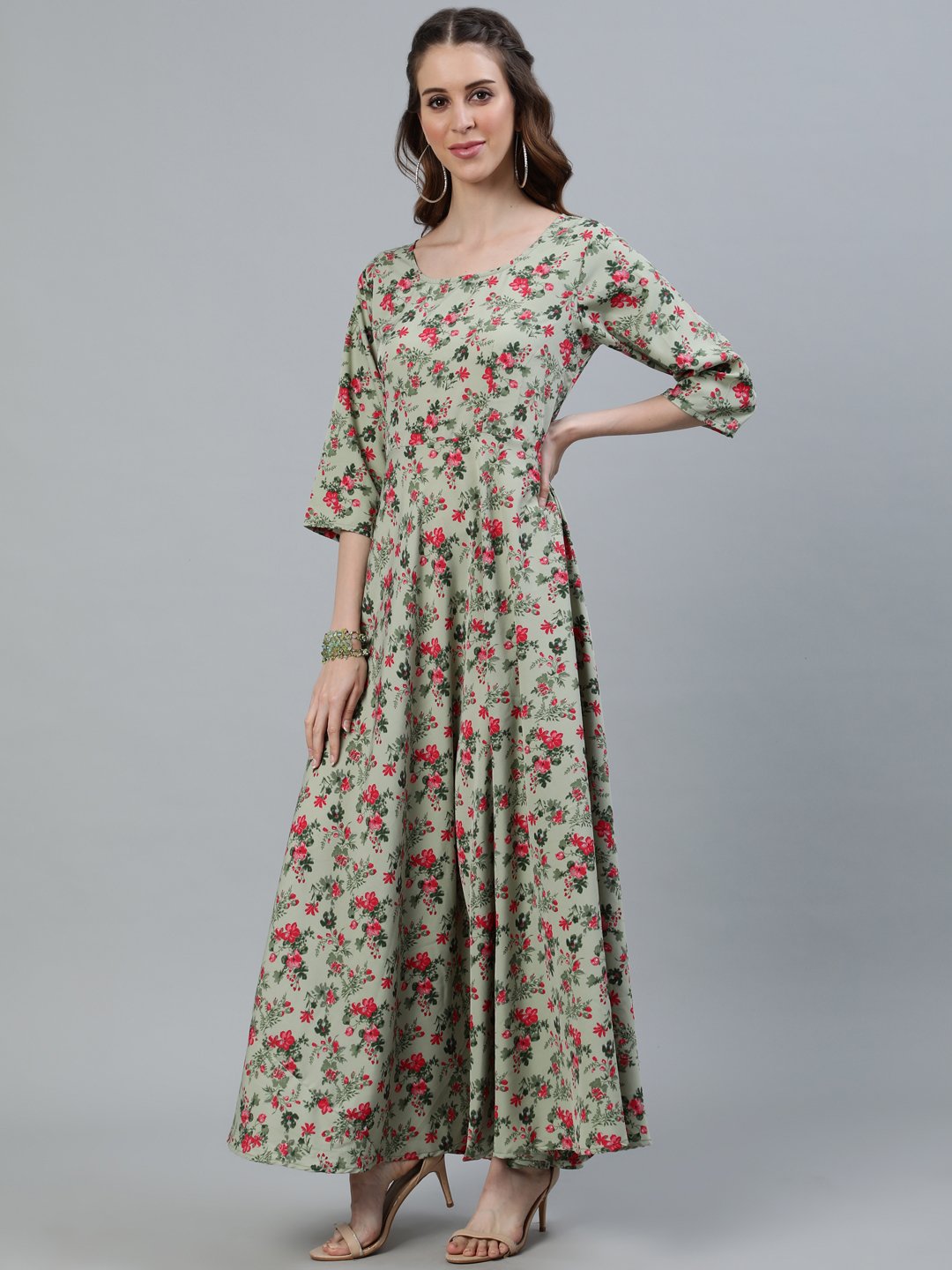 Women's Green Floral Printed Maxi Dress With Three Quarter Sleeves - Nayo Clothing