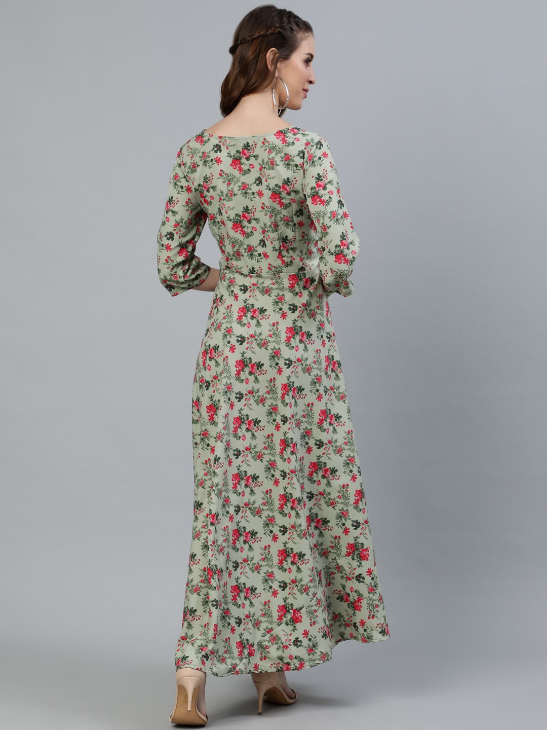 Women's Green Floral Printed Maxi Dress With Three Quarter Sleeves - Nayo Clothing