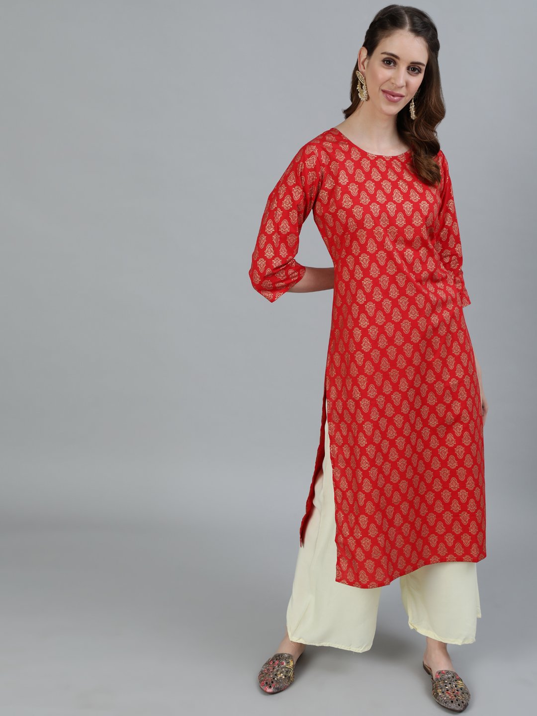 Women's Red Printed Straight Kurta With Three Quarter Sleeves - Nayo Clothing