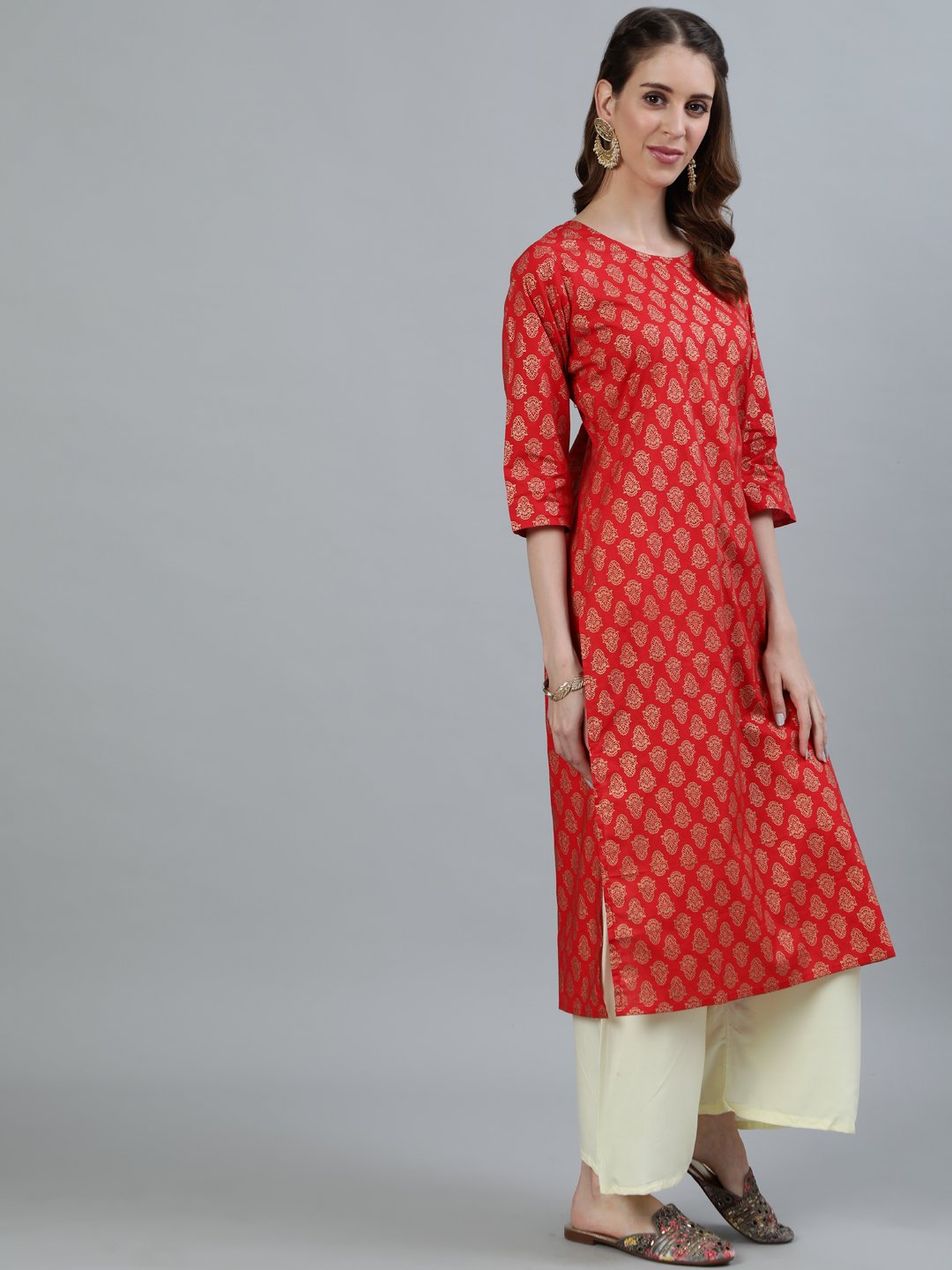 Women's Red Printed Straight Kurta With Three Quarter Sleeves - Nayo Clothing
