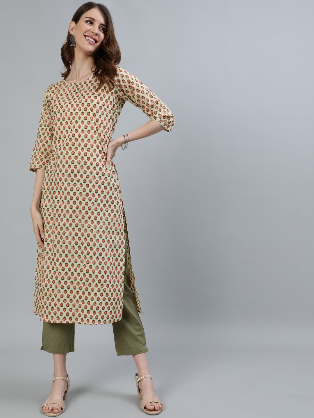 Women's Beige Printed Straight Kurta With Three Quarter Sleeves - Nayo Clothing