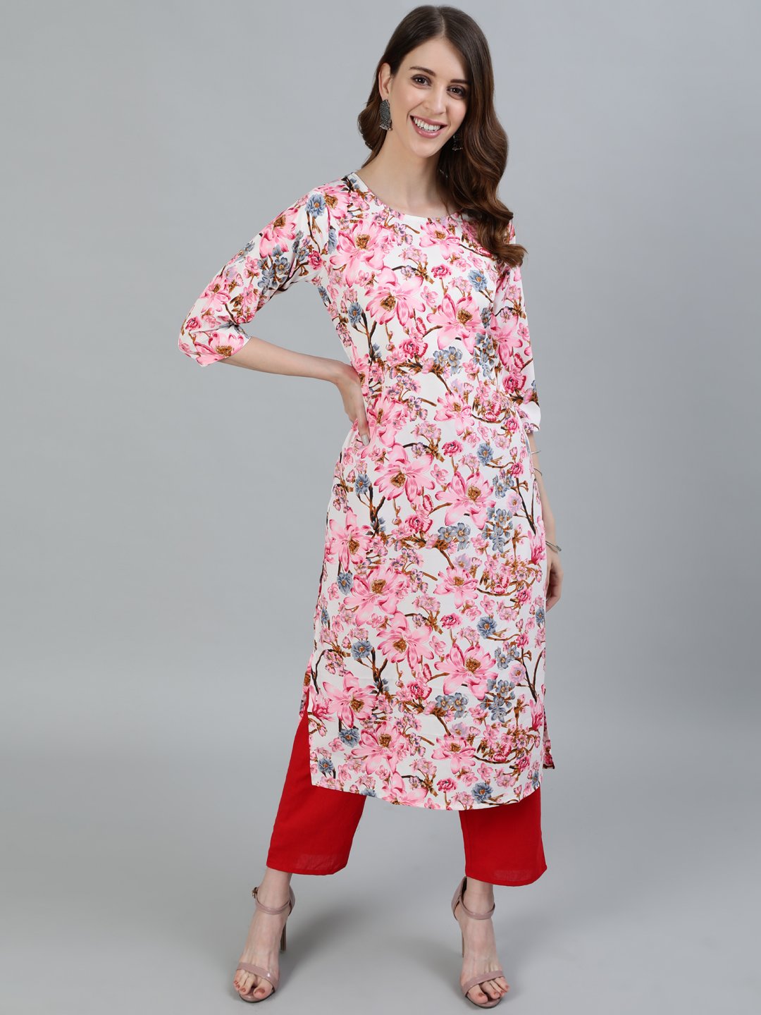 Women's Pink Floral Printed Straight Kurta With Three Quarter Sleeves - Nayo Clothing