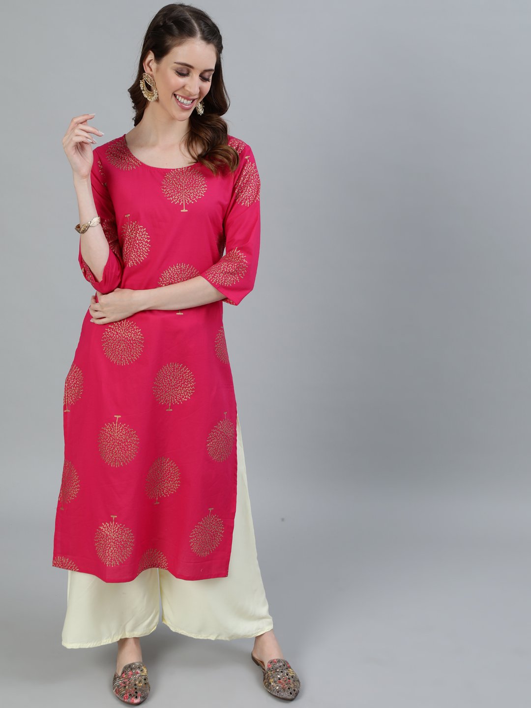 Women's Pink Printed Straight Kurta With Three Quarter Sleeves - Nayo Clothing