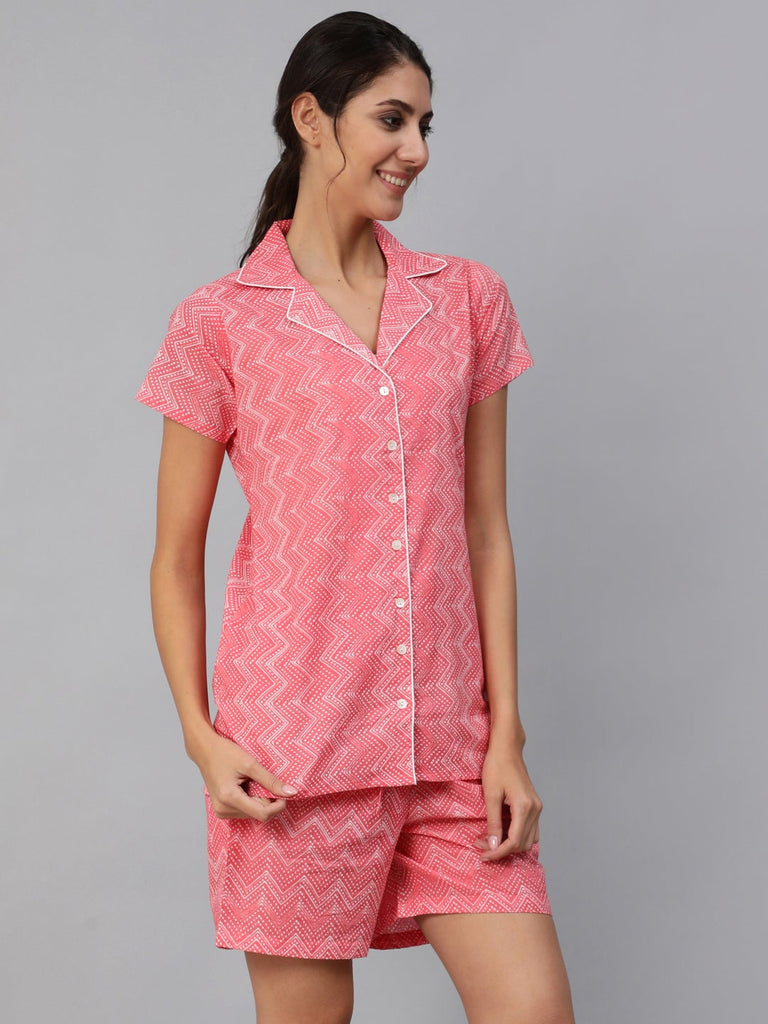 Women's Pink Zig-Zac Printed Night Suit