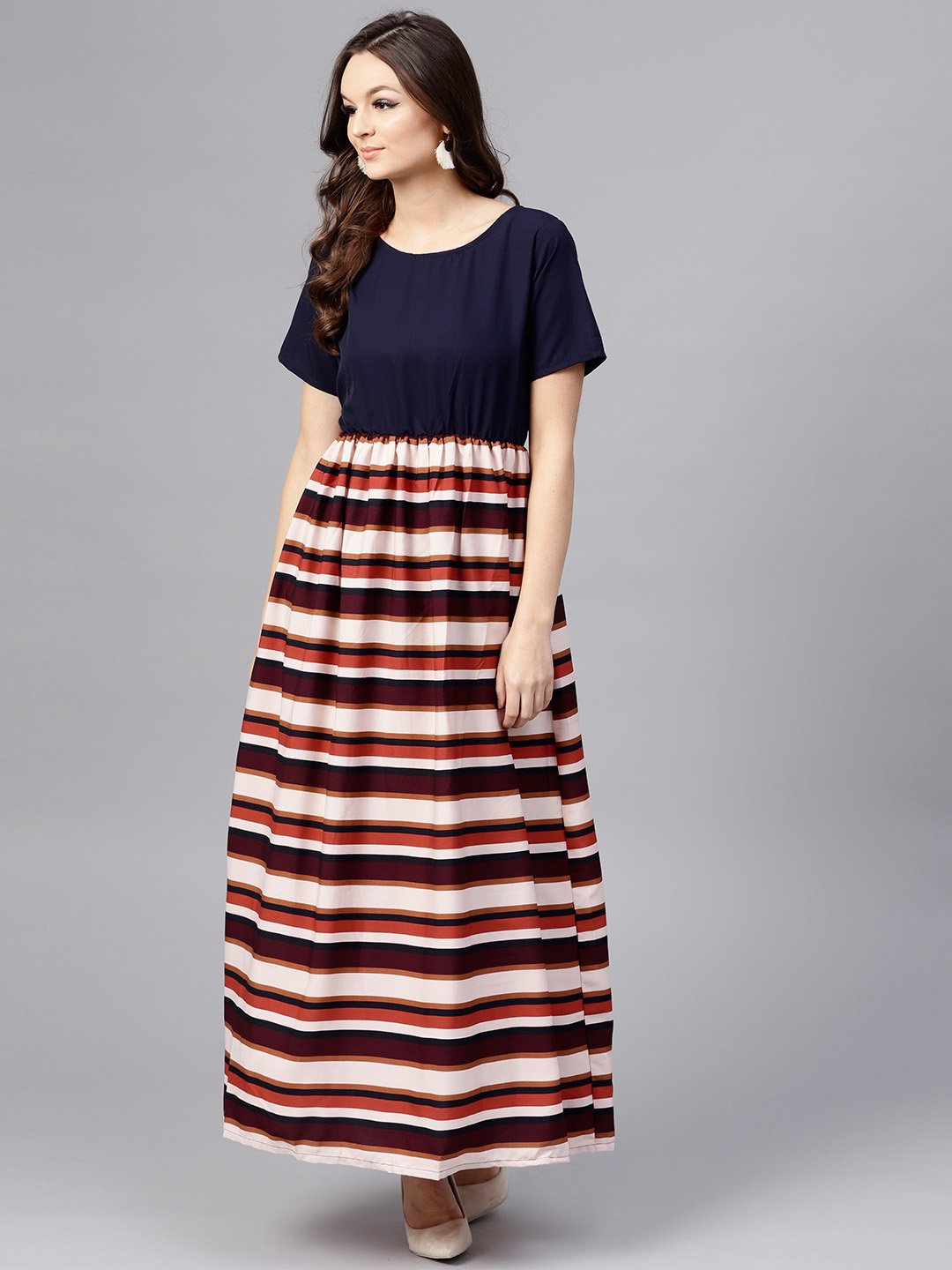 Women's Multi Colored Maxi Dress With Round Neck And Half Sleeves - Nayo Clothing