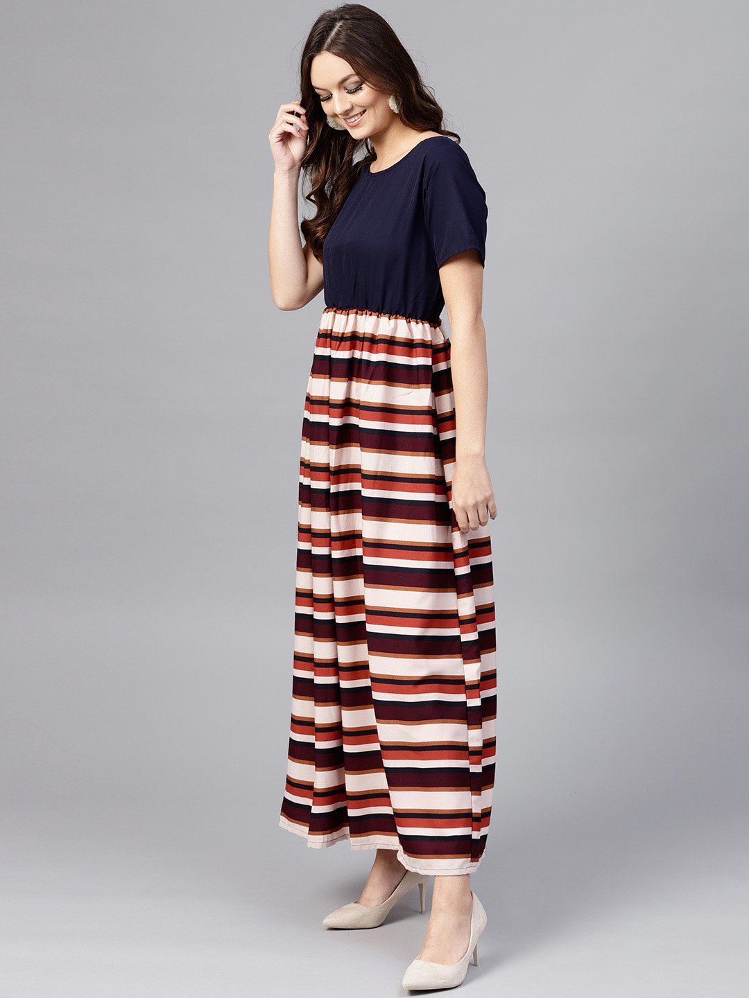 Women's Multi Colored Maxi Dress With Round Neck And Half Sleeves - Nayo Clothing