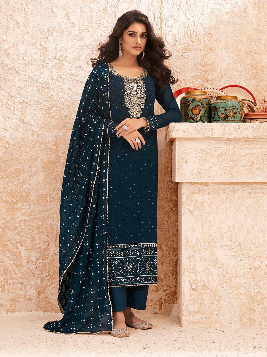 Women's Teal Blue Emboidered Georgette Pant Style Suit-Myracouture