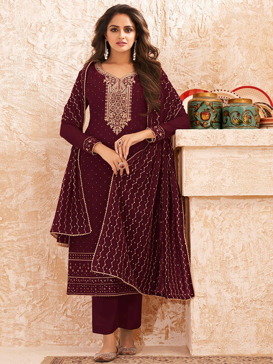 Women's Wine Emboidered Georgette Pant Style Suit-Myracouture