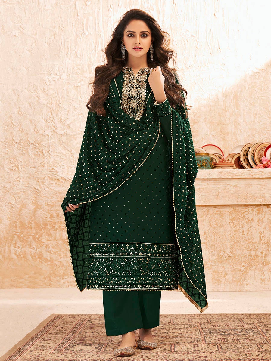 Women's Deep Green Emboidered Georgette Pant Style Suit-Myracouture