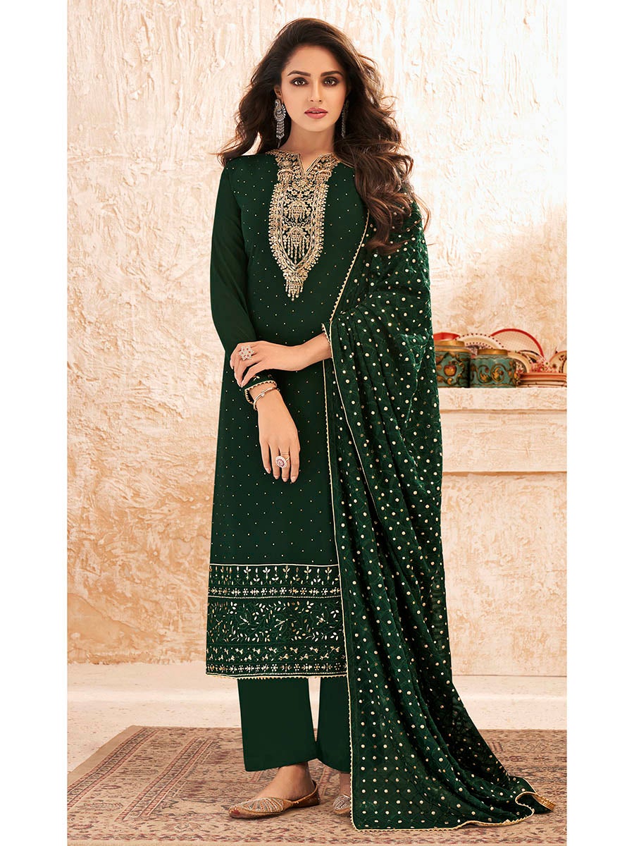 Women's Deep Green Emboidered Georgette Pant Style Suit-Myracouture
