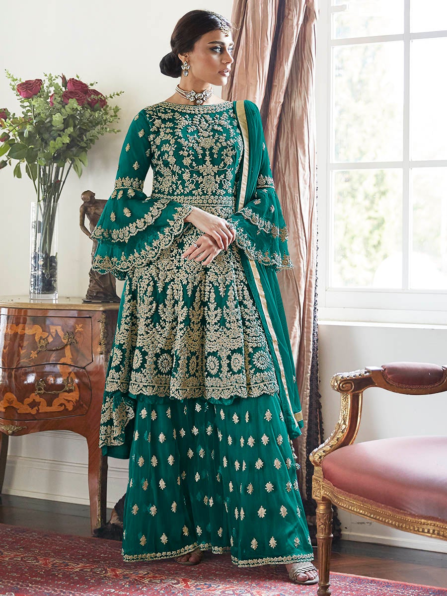 Women's Mint Green Embroidered Butterfly Net Anarkali Suit-Myracouture