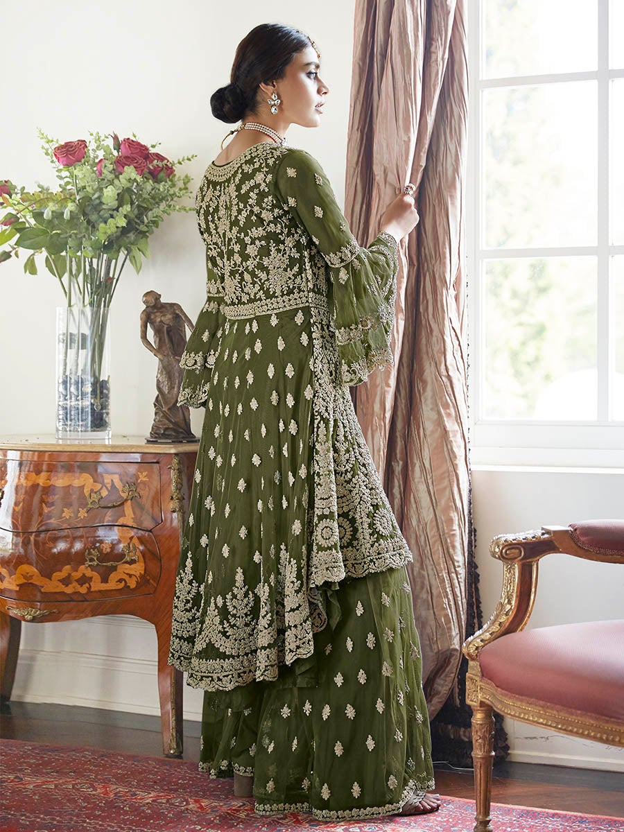Women's Henna Green Embroidered Butterfly Net Anarkali Suit-Myracouture