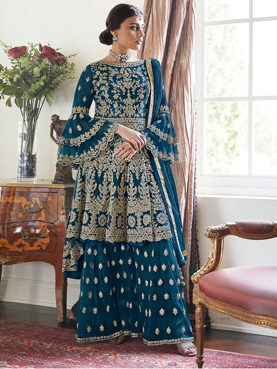 Women's Deep Blue Embroidered Butterfly Net Anarkali Suit-Myracouture