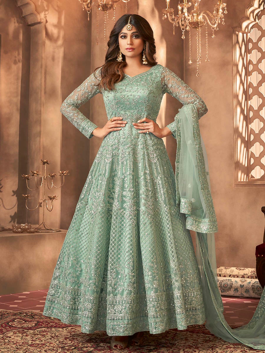 Women Sea Green Embroidered Anarkali Suit by Myracouture (2pcs Set)