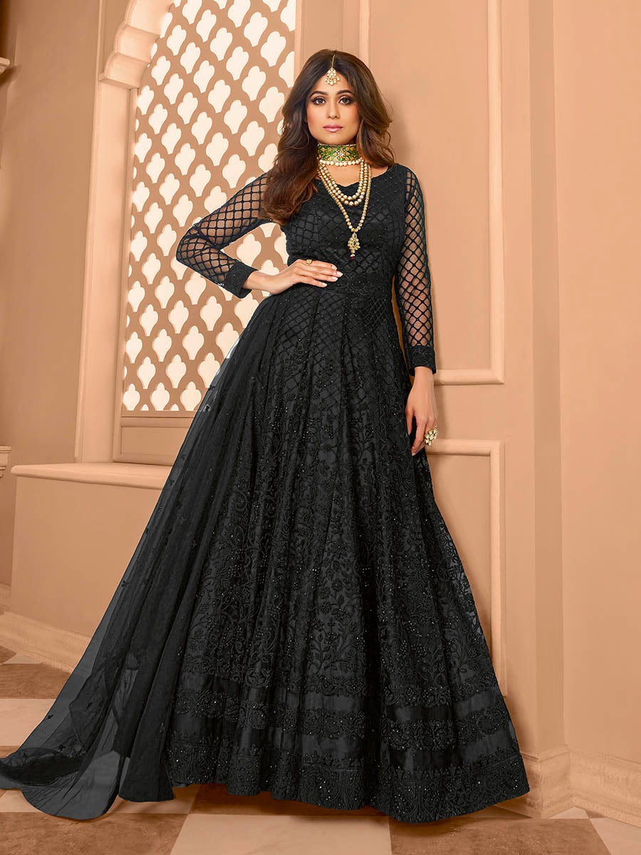 Women's Black Heavy Embroidered Anarkali Suit-Myracouture