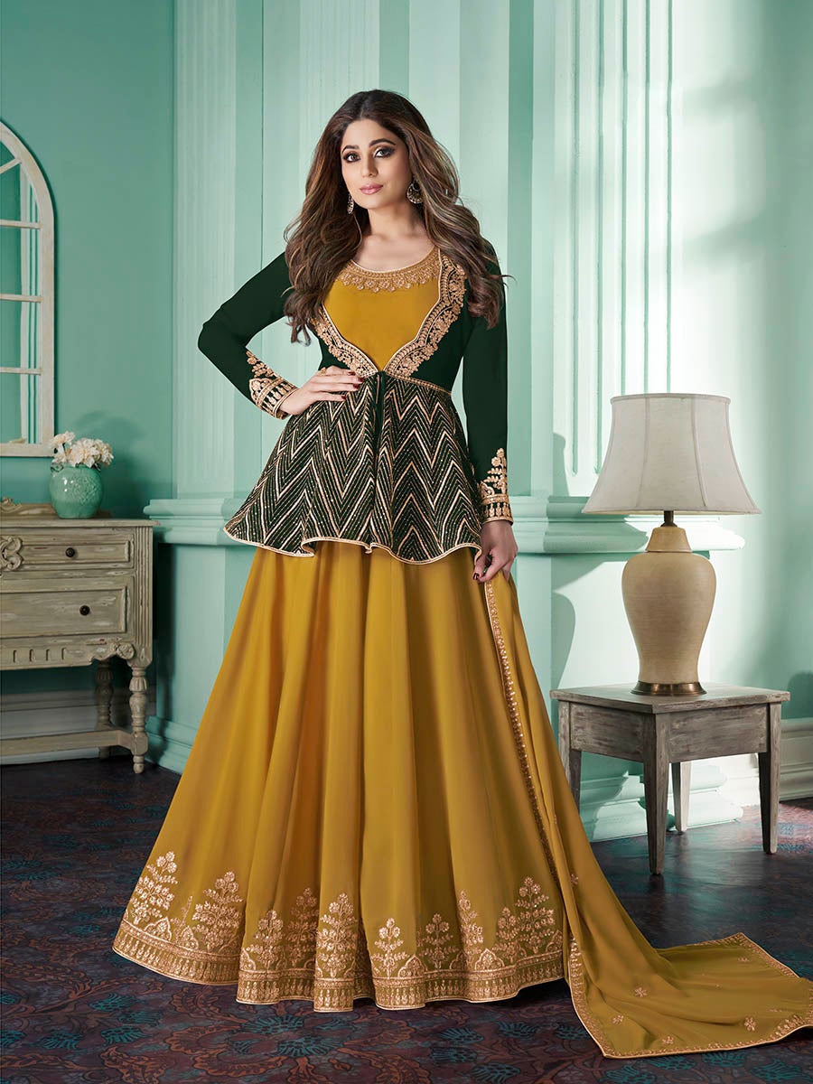 Women's Green and Mustard Yellow Real Georgette Party Wear Suit-Myracouture