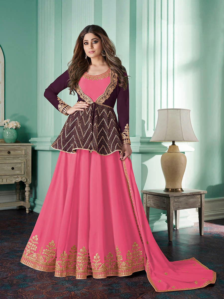 Women's Pink and Wine Real Georgette Party Wear Suit-Myracouture
