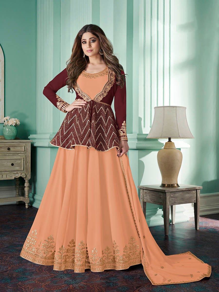 Women's Peach and Orange Real Georgette Party Wear Suit-Myracouture