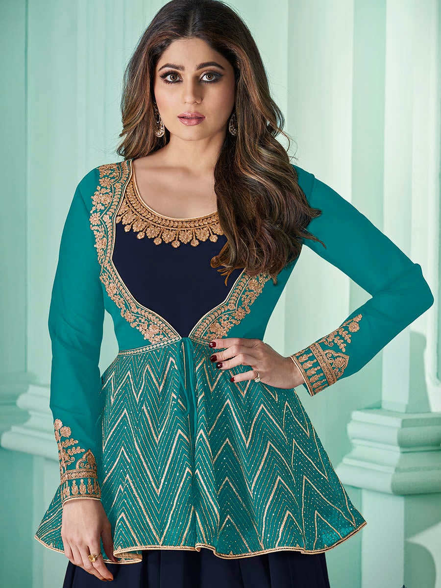 Women's Navy Blue and Firozi Real Georgette Party Wear Suit-Myracouture