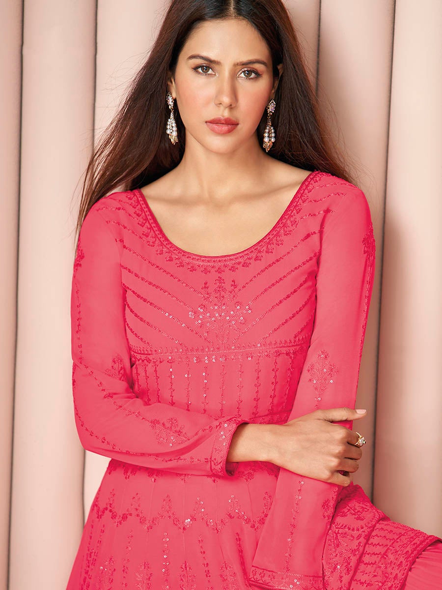 Women's Pink Heavy Embroidered Real Georgette Sharara Suit-Myracouture